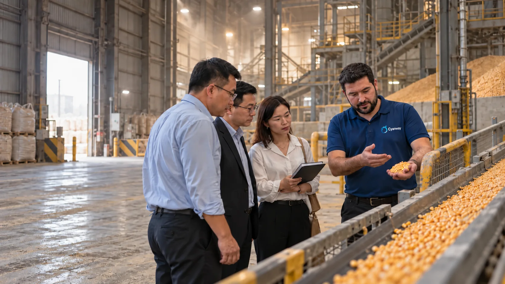 Cyanway representative showing corn kernels on a conveyor to international buyers inside a grain warehouse