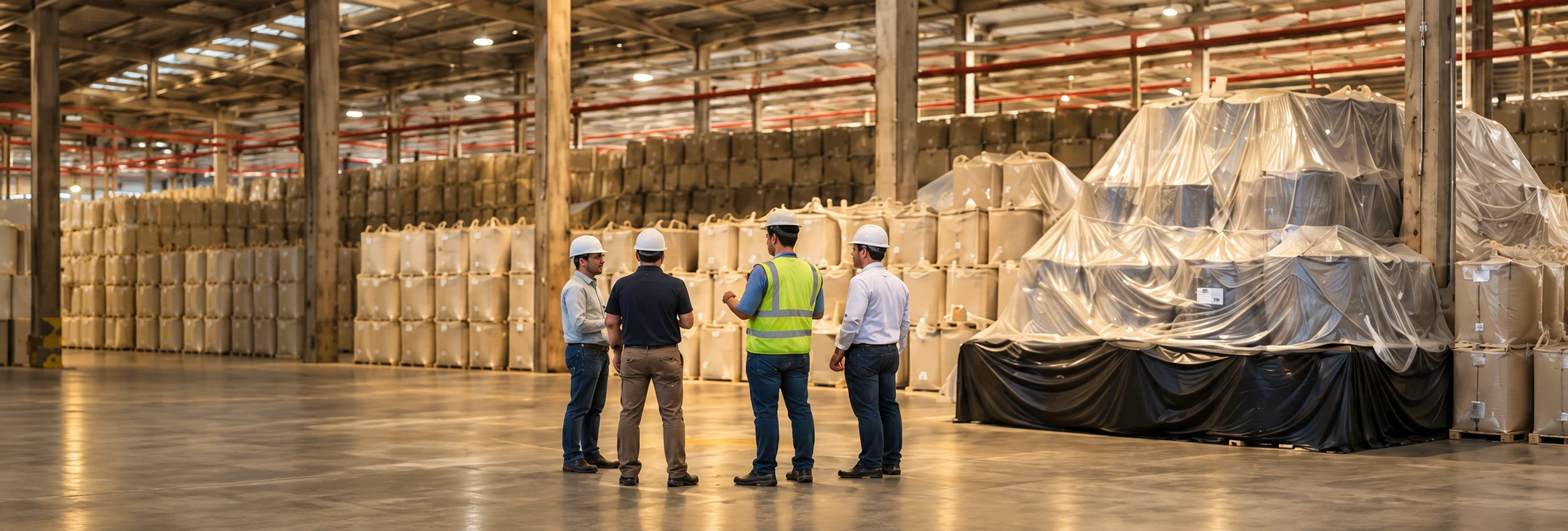 Cyanway team and supplier inspecting big bags of commodities in an export warehouse