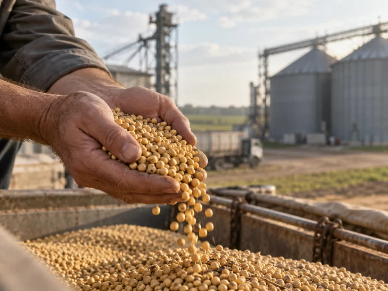 Hands inspecting soybeans at a grain facility