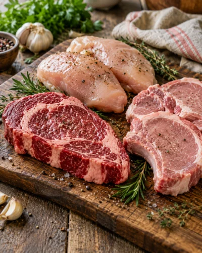 Raw beef ribeye, pork chops and chicken breasts on a wooden board