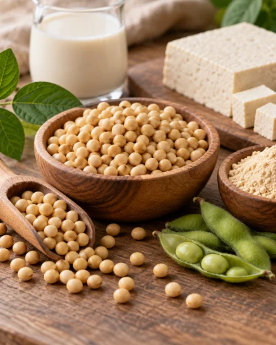Soybeans in wooden bowls with soy milk, tofu, soy flour and edamame