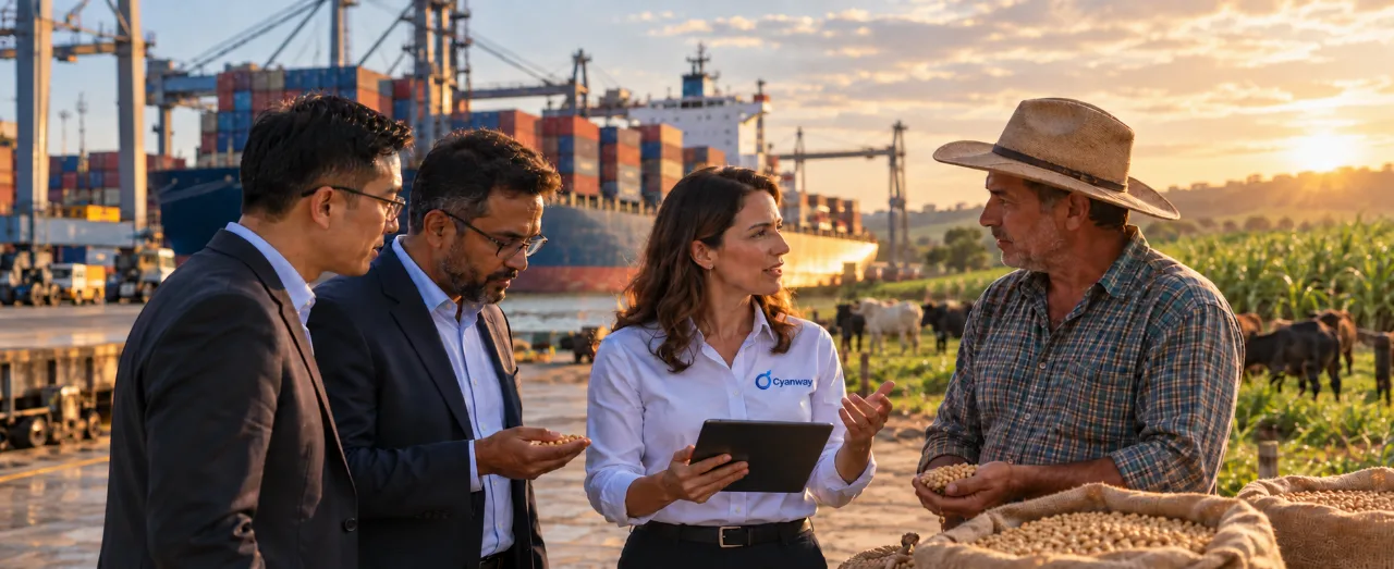 Cyanway team member with international buyers and a producer reviewing soybean samples between a container port and farmland