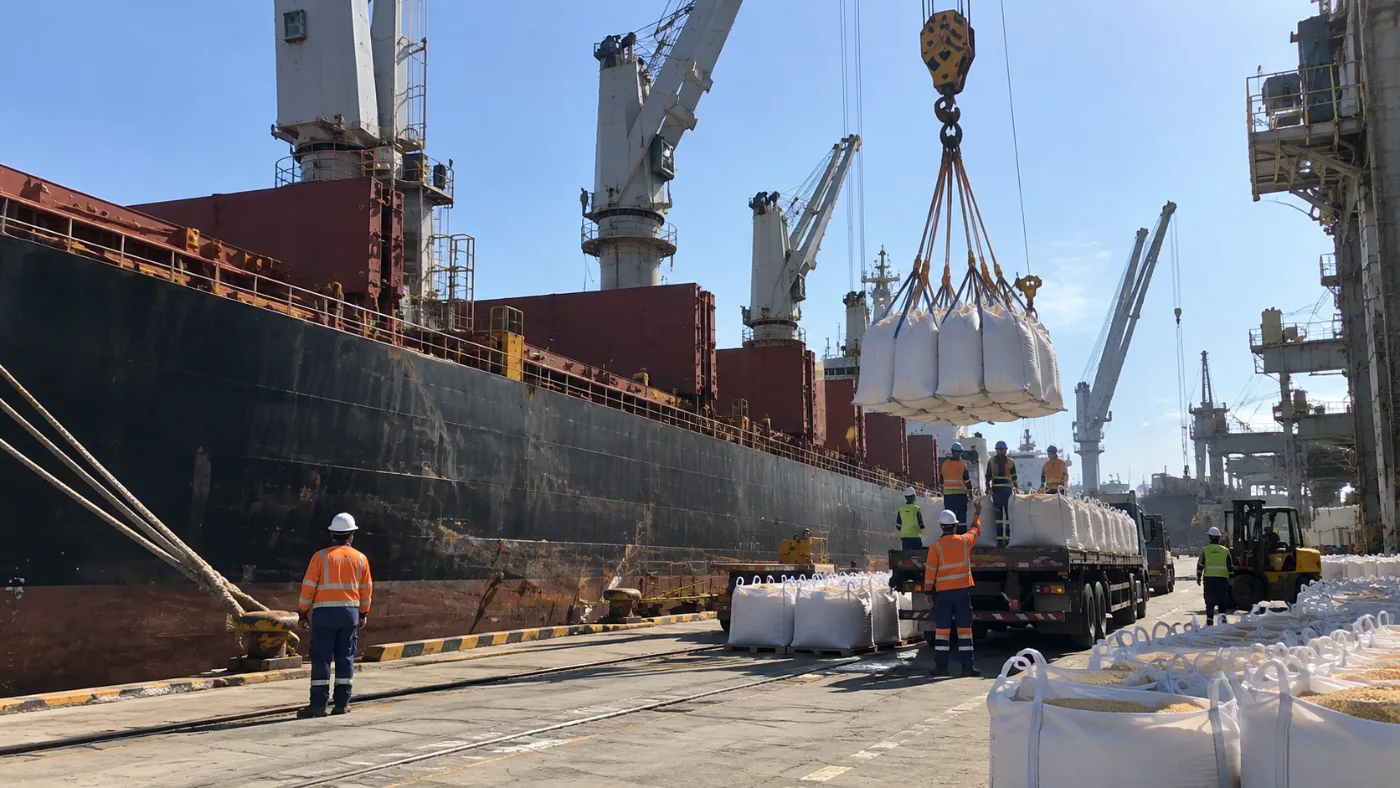 Bulk bags being loaded from a truck onto a cargo vessel at a port, with dock workers in safety gear