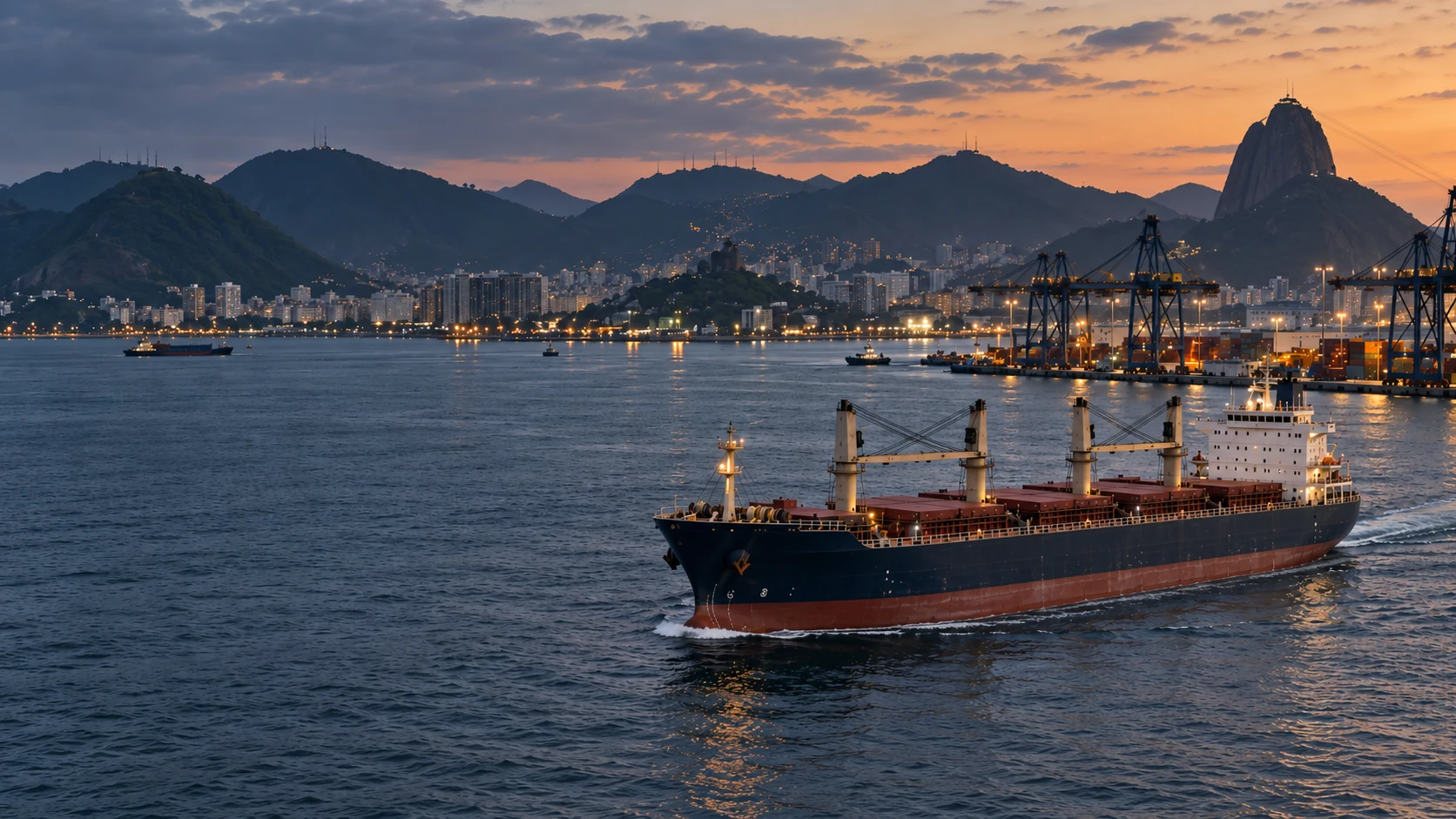 Bulk carrier leaving a port at dusk, with cranes and Sugarloaf Mountain in Rio de Janeiro behind