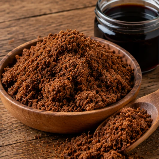 Dark Mascavo whole cane sugar in a wooden bowl beside a jar of cane molasses