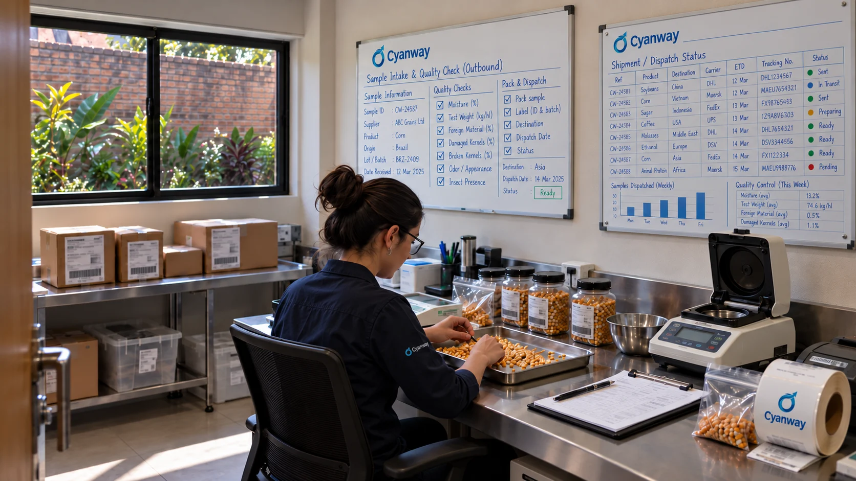 Cyanway team member inspecting export grain samples at a quality-control bench, with sample intake and shipment dispatch status boards on the wall